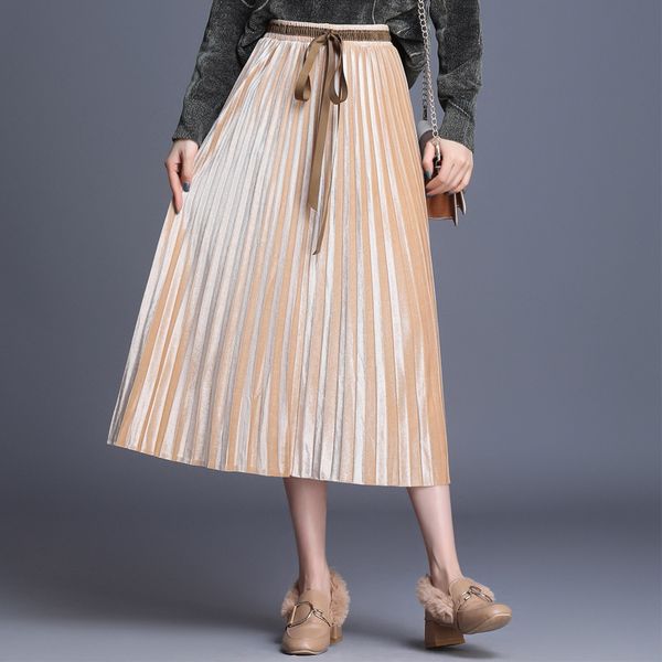 lace-up gold velvet skirt pleated skirt autumn and winter mid-length women's 2019 new style a- line high-waisted overknee, Black
lace-up gold velvet skirt pleated skirt autumn and winter mid-length women's 2019 new style a- line high-waisted overknee, Black
