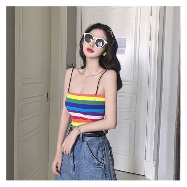women's tanks & camis rainbow striped bottoming camisole for women 2021 summer casual vest female knitted slim tank feminio, White
women's tanks & camis rainbow striped bottoming camisole for women 2021 summer casual vest female knitted slim tank feminio, White