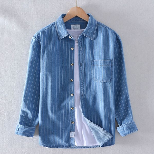 single chest pocket long sleeve 100% cotton men's denim casual shirt stylish new soft standard-fit striped shirts, White;black
single chest pocket long sleeve 100% cotton men's denim casual shirt stylish new soft standard-fit striped shirts, White;black