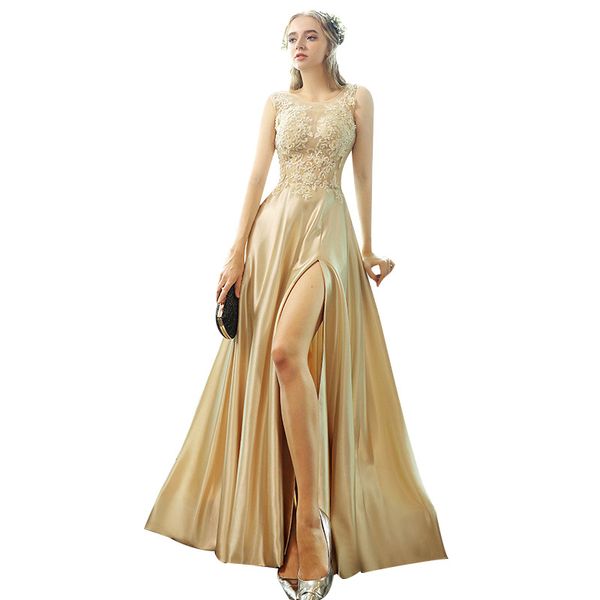 gold satin split evening dresses with lace embroidery 2020 floor length evening gown for party vestido de noche, Black;red
gold satin split evening dresses with lace embroidery 2020 floor length evening gown for party vestido de noche, Black;red
