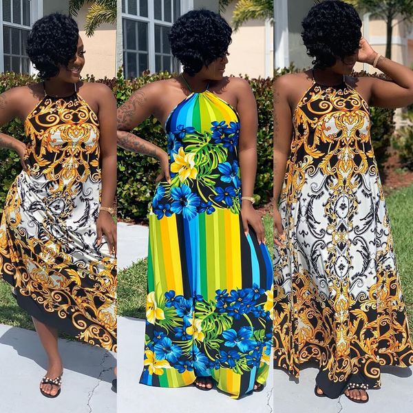african totem print striped flower dress halter halter strap long skirt women's casual dresses, Black;gray