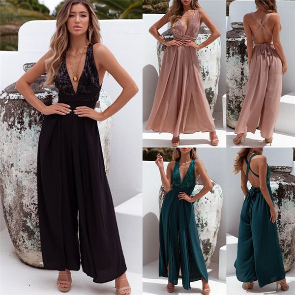 women v-neck sleeveless backless jumpsuit rompers lace wide leg loose jumpsuit ladies lace-up rompers party clubwear, Black;white
women v-neck sleeveless backless jumpsuit rompers lace wide leg loose jumpsuit ladies lace-up rompers party clubwear, Black;white