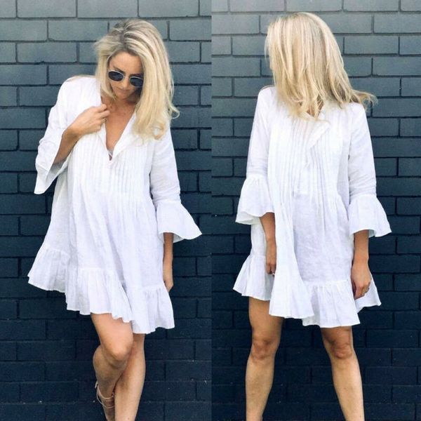 women summer three quarter sleeve v-neck cover up dresses ladies boho solid white beach loose mini dress, Blue;gray
women summer three quarter sleeve v-neck cover up dresses ladies boho solid white beach loose mini dress, Blue;gray
