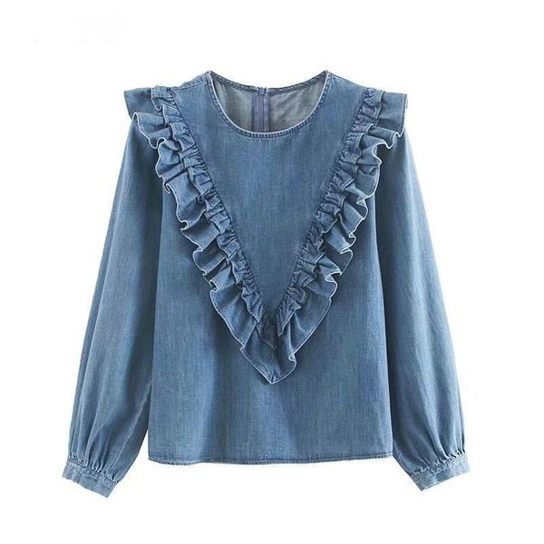2019 new women denim vintage disrupted shirts random o neck long mouw shirts fall chic female loss blouse, White
2019 new women denim vintage disrupted shirts random o neck long mouw shirts fall chic female loss blouse, White