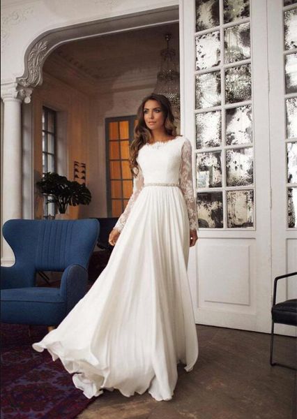 2020 long sleeves lace bateau a-line chiffon beach wedding dresses beaded belt eleagnt open backless beach bohemain bridal gowns, White
2020 long sleeves lace bateau a-line chiffon beach wedding dresses beaded belt eleagnt open backless beach bohemain bridal gowns, White