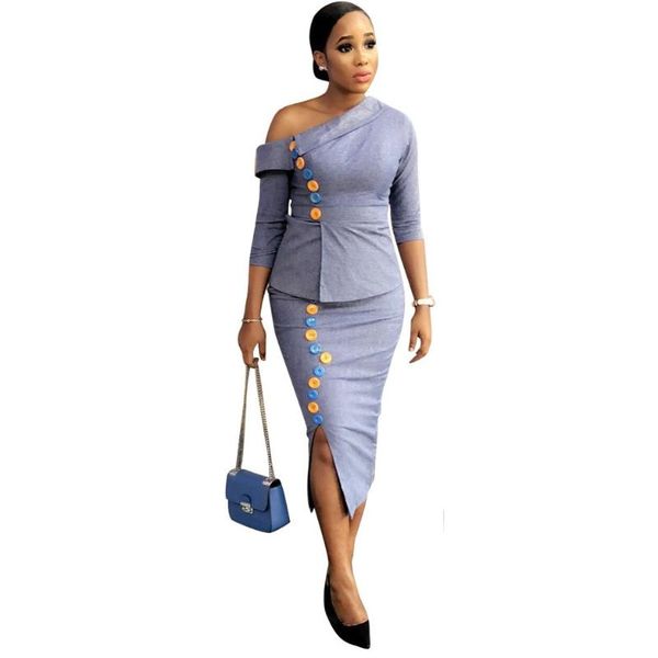 women skew collar off shoulder sleeve button side + slit midi skirts two pieces sets fashion office lady dresses, Gray
women skew collar off shoulder sleeve button side + slit midi skirts two pieces sets fashion office lady dresses, Gray