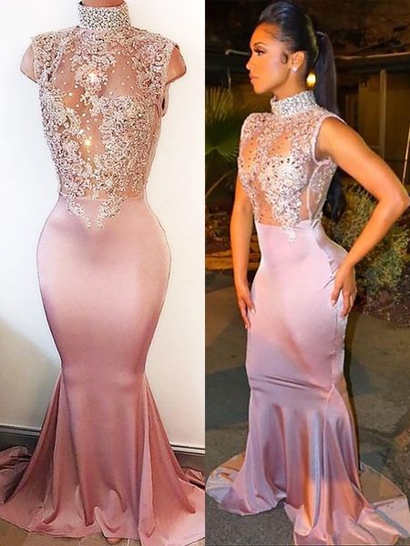light pink high neck evening gowns mermaid style applique beaded crystal see though body prom dress long formal party dress, Black;red
light pink high neck evening gowns mermaid style applique beaded crystal see though body prom dress long formal party dress, Black;red