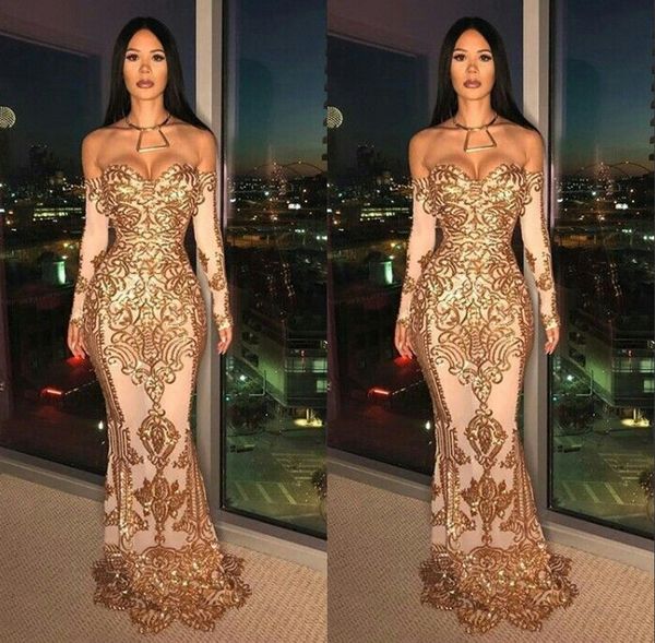Sequined Gold Prom Dresses Mermaid Sleeveless Black Evening Dresses Formal Dress Long Sleeve Off Shoulder Party Gowns robes de soirée
Sequined Gold Prom Dresses Mermaid Sleeveless Black Evening Dresses Formal Dress Long Sleeve Off Shoulder Party Gowns robes de soirée