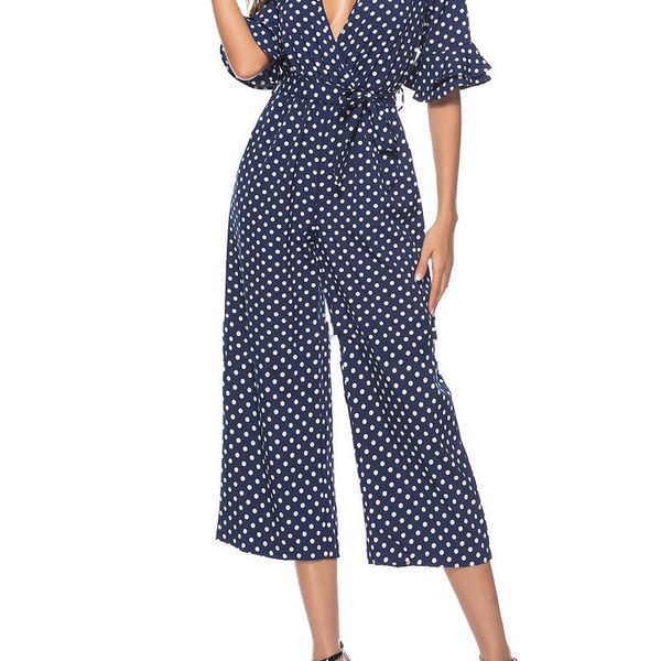women's summer casual polka dot print ruffle short sleeve midi length high waist rompers v-neck wide leg pants, Black;white
women's summer casual polka dot print ruffle short sleeve midi length high waist rompers v-neck wide leg pants, Black;white