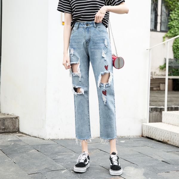 2019 new famous design hole heart-shaped printed raw high waist jeans cotton ankle-length pants streetwear women jeans, Blue
2019 new famous design hole heart-shaped printed raw high waist jeans cotton ankle-length pants streetwear women jeans, Blue