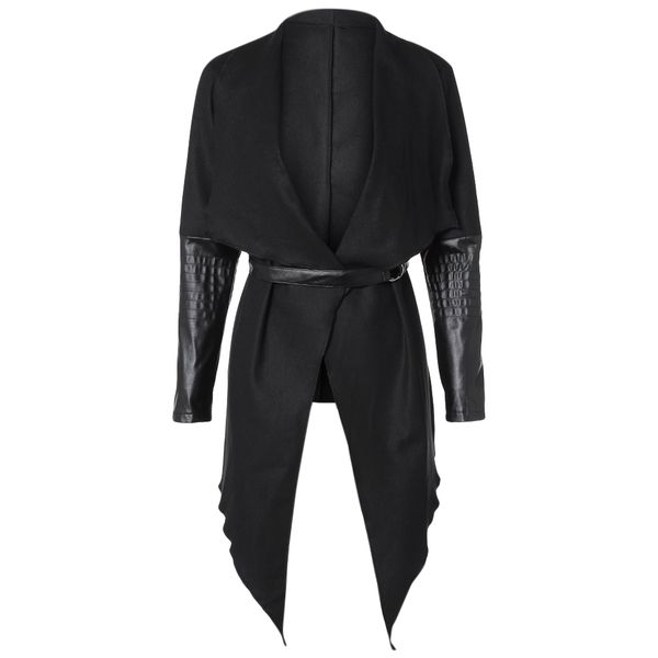 long pu leather sleeves patch wide lapel irregular cardigan woolen woman coat, Black
long pu leather sleeves patch wide lapel irregular cardigan woolen woman coat, Black