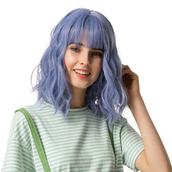 12\" short curly bob wig with neat bangs, women girls charming beach wave wigs for cosplay costume party wig cap included (blue purple, Black
12\" short curly bob wig with neat bangs, women girls charming beach wave wigs for cosplay costume party wig cap included (blue purple, Black