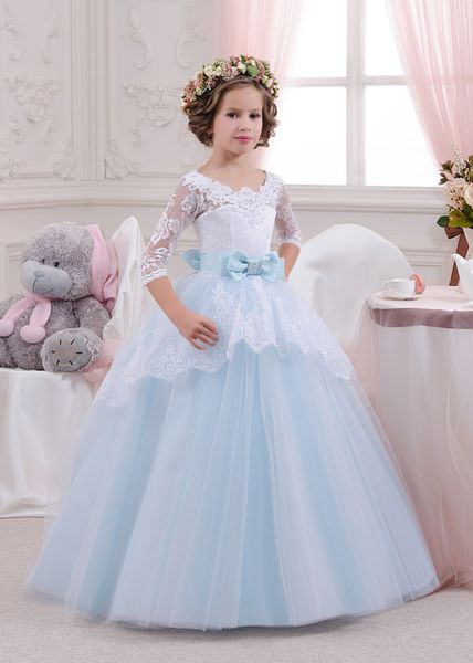 2019 lovely princess flower girls dresses lace tulle three quarter sleeves v neck bow belt blue kids pageant dresses girls party gowns, White;blue
2019 lovely princess flower girls dresses lace tulle three quarter sleeves v neck bow belt blue kids pageant dresses girls party gowns, White;blue