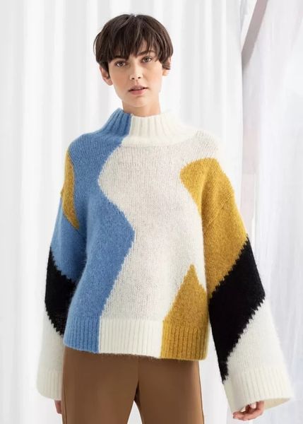 women sweater 2019 fall winter new wool blend contrast wide sleeve sweater, White;black
women sweater 2019 fall winter new wool blend contrast wide sleeve sweater, White;black