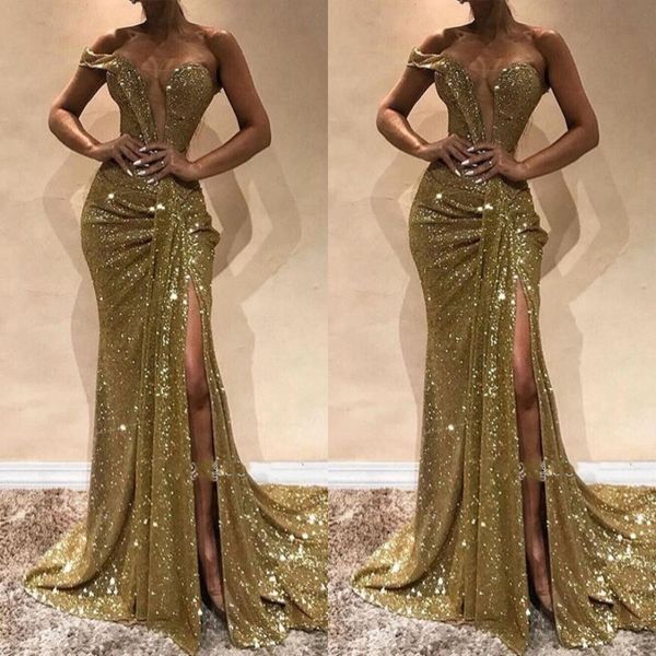 sequined gold mermaid prom dresses one shoulder sequins side split evening gowns pleats sheer neck red carpet dress party formal wear, Black
sequined gold mermaid prom dresses one shoulder sequins side split evening gowns pleats sheer neck red carpet dress party formal wear, Black