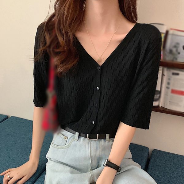 women's summer v-neck button crop knitted t-shirt short-sleeved t shirt cardigan, White
women's summer v-neck button crop knitted t-shirt short-sleeved t shirt cardigan, White