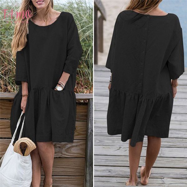 2020 spring summer dress women casual loose o neck 3 4 sleeve ruffle swing cotton solid color knee length dress jun2 4, Black;gray
2020 spring summer dress women casual loose o neck 3 4 sleeve ruffle swing cotton solid color knee length dress jun2 4, Black;gray
