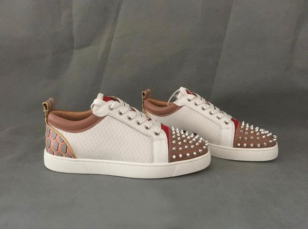 white mesh spikes sneakers shoes for women,men brand red bottom shoes outdoor lace up studs casual footwear with original box, Black 
white mesh spikes sneakers shoes for women,men brand red bottom shoes outdoor lace up studs casual footwear with original box, Black