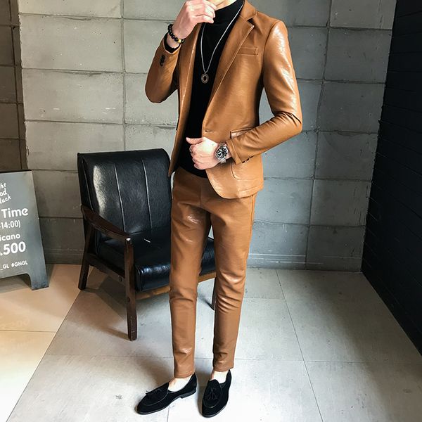 men's new leather case set body pu leather fashion business casual men's suit autumn jacket (+ pants, White;black
men's new leather case set body pu leather fashion business casual men's suit autumn jacket (+ pants, White;black