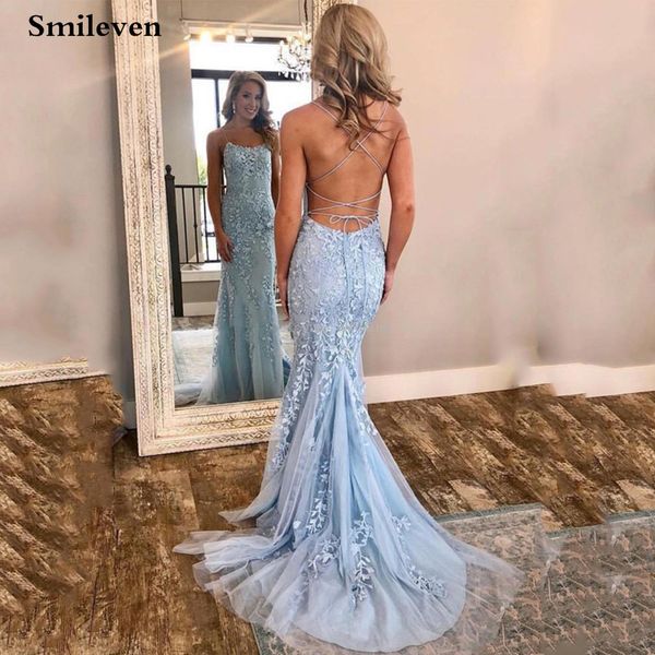 light sky blue lace mermaid prom dresses spaghetti straps appliques tulle long backless evening gowns formal formal party gowns, White;black 
light sky blue lace mermaid prom dresses spaghetti straps appliques tulle long backless evening gowns formal formal party gowns, White;black