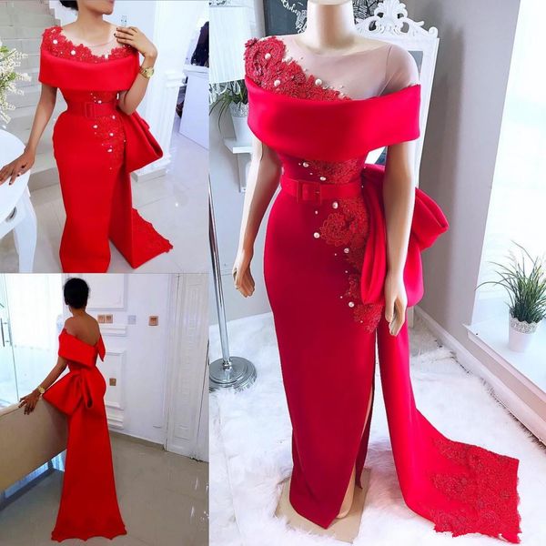 2019 sheer neck saudi arabic red satin evening dresses with bow sash beaded pearls dubai african formal party gowns side split prom dress, Black 
2019 sheer neck saudi arabic red satin evening dresses with bow sash beaded pearls dubai african formal party gowns side split prom dress, Black