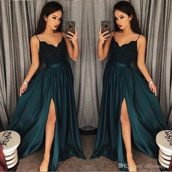 elegant hunter green sheer prom dresses spaghetti thigh-high slit appliques high split appliques arabic long evening party gowns custom, Black
elegant hunter green sheer prom dresses spaghetti thigh-high slit appliques high split appliques arabic long evening party gowns custom, Black