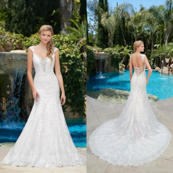 2020 country mermaid wedding dresses lace appliqued plunging neck boho wedding dress sweep train custom made crystal bridal gowns, White
2020 country mermaid wedding dresses lace appliqued plunging neck boho wedding dress sweep train custom made crystal bridal gowns, White