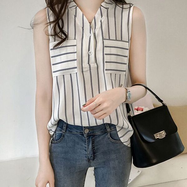 women v-neck single-row button vest shirt stripe print pleated sleeveless slim chiffon, White