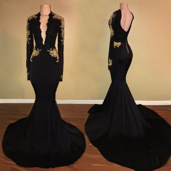 2019 black mermaid evening dresses with long sleeve deep v-neck gold applique lace prom dress long special occasion dress for women, Black;red
2019 black mermaid evening dresses with long sleeve deep v-neck gold applique lace prom dress long special occasion dress for women, Black;red