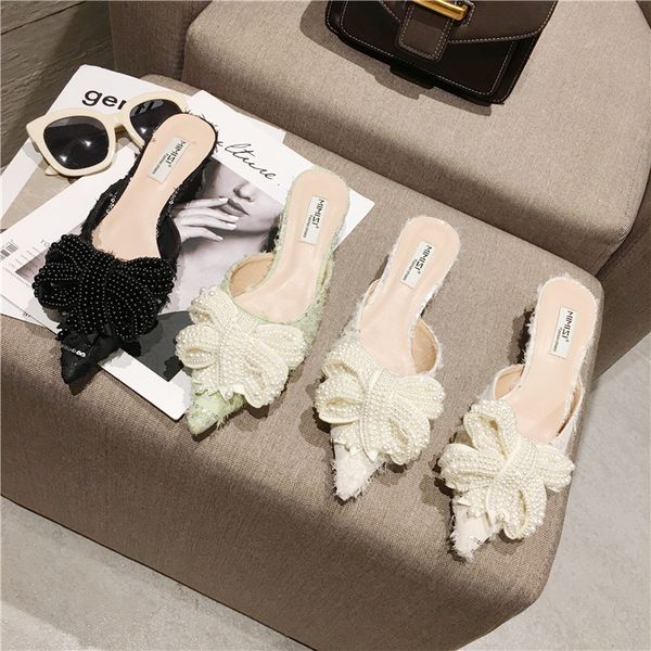 women pearl slipper grassy luxury pointed toe flat slippers butterfly knot sandals lady casual moccasins, Black
women pearl slipper grassy luxury pointed toe flat slippers butterfly knot sandals lady casual moccasins, Black