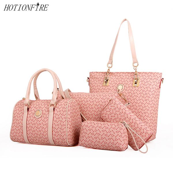 women 5pcs/set handbags and purses pu leather shoulder bags casual tote tassel metal handle composite bag