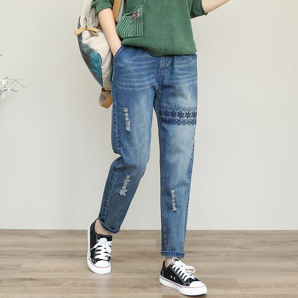 3xl washed hole casual geometric embroidery women jeans pants 2019 spring, Blue