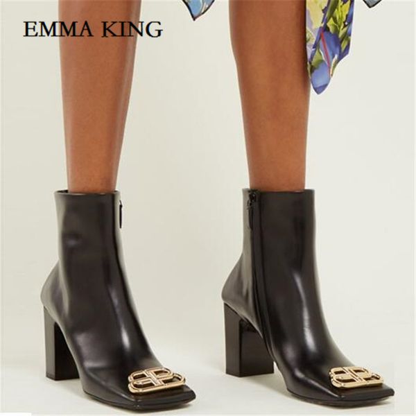 women fashion metal decorative ankle boots european and american street style cowhide booties square head zip closure short boot, Black
women fashion metal decorative ankle boots european and american street style cowhide booties square head zip closure short boot, Black