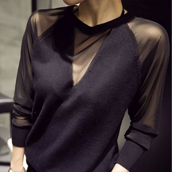 lace long-sleeved shirt spring women blouse and korean style women knitted mesh stitching black shirts, White
lace long-sleeved shirt spring women blouse and korean style women knitted mesh stitching black shirts, White