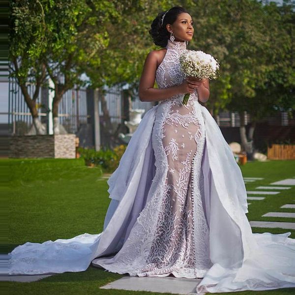 african overskirts wedding dresses high neck embroidery appliques lace wedding dress with detachable train split bridal vestidos de noiva, White
african overskirts wedding dresses high neck embroidery appliques lace wedding dress with detachable train split bridal vestidos de noiva, White