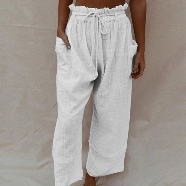 2020 new spring pants high elastic waist solid line loose wide leg pants women trousers fashion ruffles wide leg, Black;white