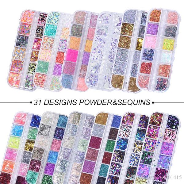 

31 designs 12 grids/sets nail glitter mermaid powder flakes shiny round hexagon holographic paillette sequins nail art decoration manicure, Silver;gold