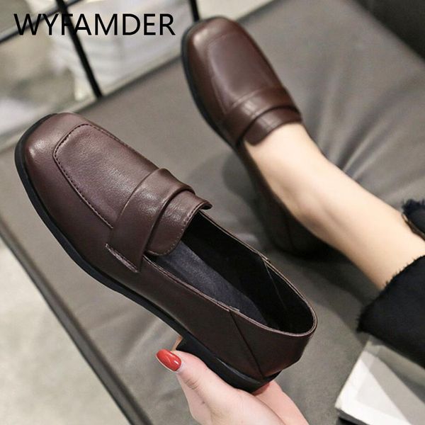 wyfamder 2019 brogue shoes autumn british square toe women flats slip on shallow lady loafers low heel black shoes wf49