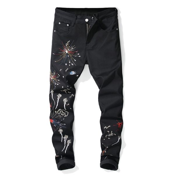 2019 men's pattern printed black motorcycle full length jeans fashion embroidery slim fit stretch cotton denim straight pants, Blue
2019 men's pattern printed black motorcycle full length jeans fashion embroidery slim fit stretch cotton denim straight pants, Blue