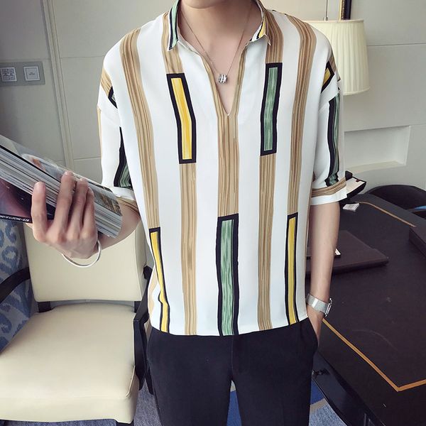 casual vertical stripe v collar short sleeve contrast color male loose shirts 2018 summer chiffon thin youth men slim shirt, White;black
casual vertical stripe v collar short sleeve contrast color male loose shirts 2018 summer chiffon thin youth men slim shirt, White;black