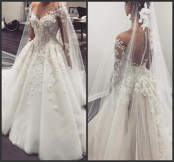 2020 new luxury lace ball gown wedding dresses appliqued beads long sleeves sweep train plus size bridal gowns new arrival, White
2020 new luxury lace ball gown wedding dresses appliqued beads long sleeves sweep train plus size bridal gowns new arrival, White