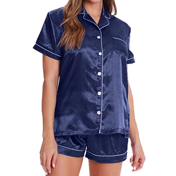 women pajama suits women summer home button down solid satin pajama short sleeve set sleepwear pyjama femme night suit v-shaped, Blue;gray
women pajama suits women summer home button down solid satin pajama short sleeve set sleepwear pyjama femme night suit v-shaped, Blue;gray