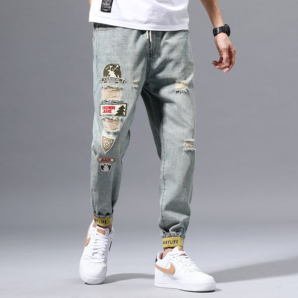men's jeans spring and summer ripped patch mens elastic waist drawstring loose legged blue fashion jogger pants
men's jeans spring and summer ripped patch mens elastic waist drawstring loose legged blue fashion jogger pants