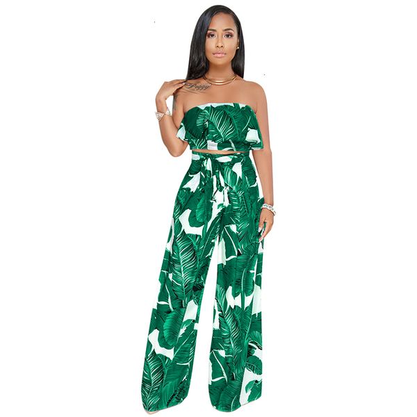 two slash neck women piece set leaves print bandeau strapless cropped pants high waist ruffle wide loose legs pantsuit sweatsuit, White
two slash neck women piece set leaves print bandeau strapless cropped pants high waist ruffle wide loose legs pantsuit sweatsuit, White