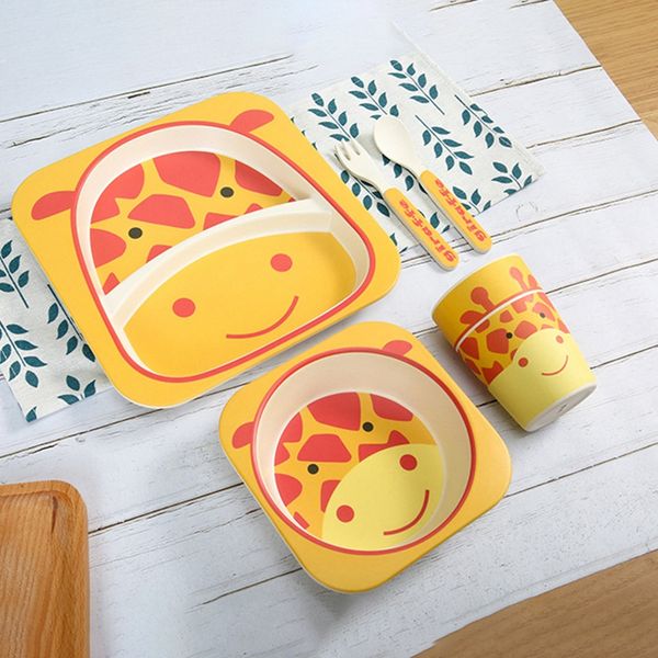 5 pcs cartoon bamboo fiber portable children's cutlery set baby feeding cutlery kids dinnerware set