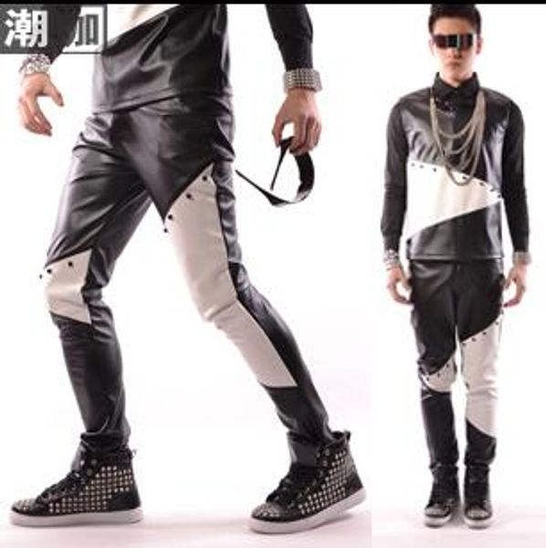 mens pants stage personality black white pant men pu leather trousers splice rivet singer fashion street star style
mens pants stage personality black white pant men pu leather trousers splice rivet singer fashion street star style