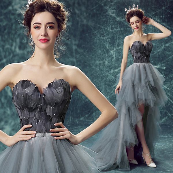 real hi-low prom dress with applique feathers long sweep train vestidos de festa beads sweetheart sleeveless eveing gown, White;black
real hi-low prom dress with applique feathers long sweep train vestidos de festa beads sweetheart sleeveless eveing gown, White;black
