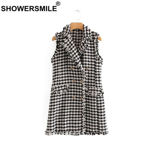 

womens plaid vest houndstooth vest long tweed sleeveless fringe jackect slim waistcoat england style gilet women, Black;white