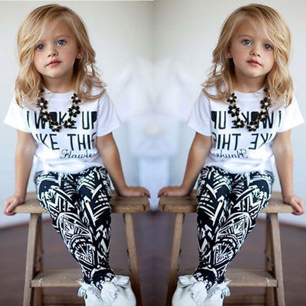 kids girls outfits letter i woke up like this short sleeve t-shirt+pants clothes set 2-9y, White
kids girls outfits letter i woke up like this short sleeve t-shirt+pants clothes set 2-9y, White