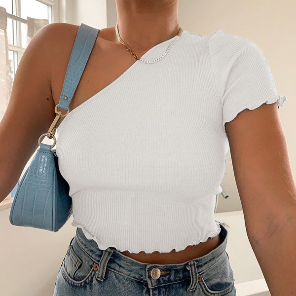 one shoulder ruffle one sleeve t-shirt women slope neck rib-kint stretchy crop ldies streetwear summer tees, White
one shoulder ruffle one sleeve t-shirt women slope neck rib-kint stretchy crop ldies streetwear summer tees, White